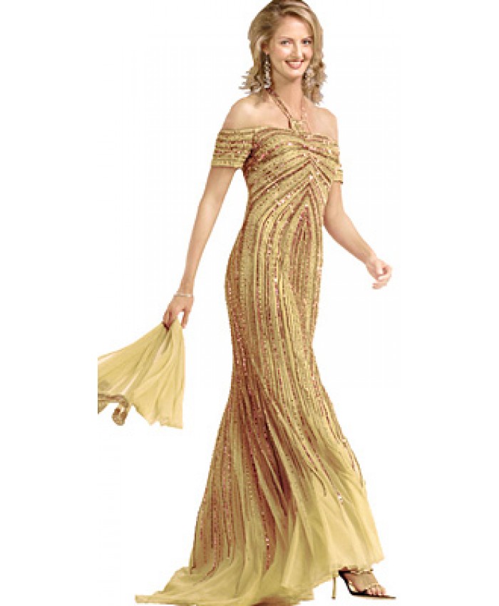 Gold Halter Beaded Evening Gown