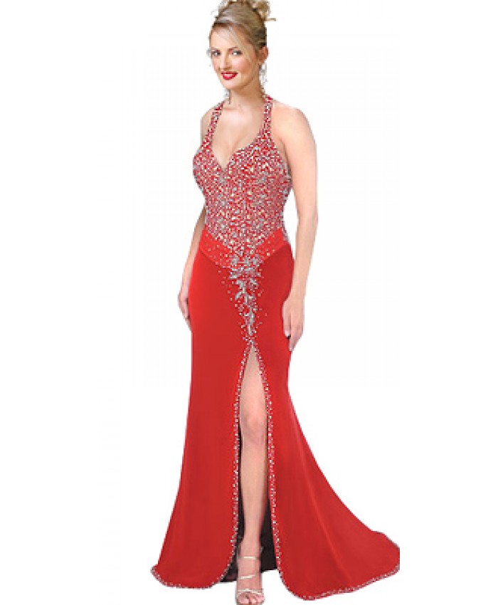 Red Velvet Beaded Halter Evening Gown