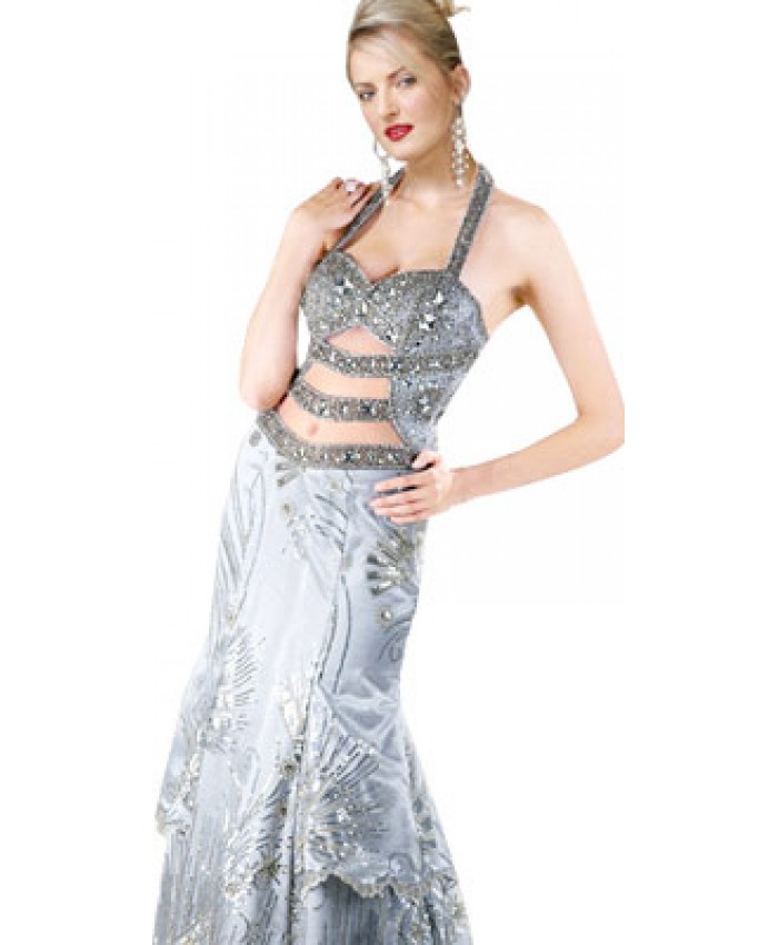 Intricately Beaded Halter Carnival Gown