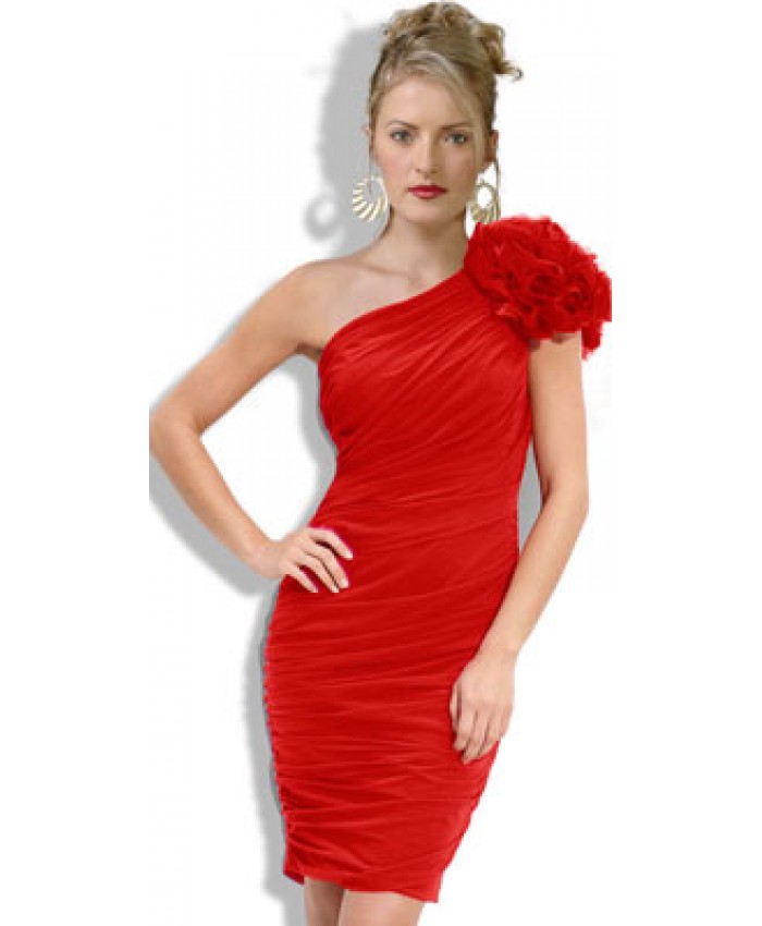 Feminine One Shoulder Red Cocktail Dress