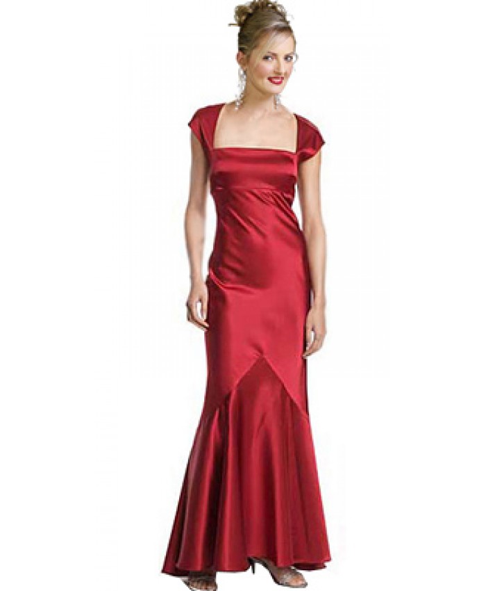 Satin Red Hot Cap Sleeves Evening Gown