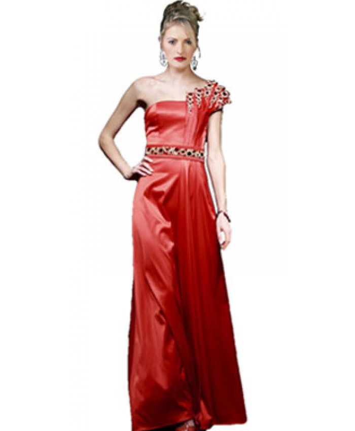 Red Beaded One Shoulder Gown