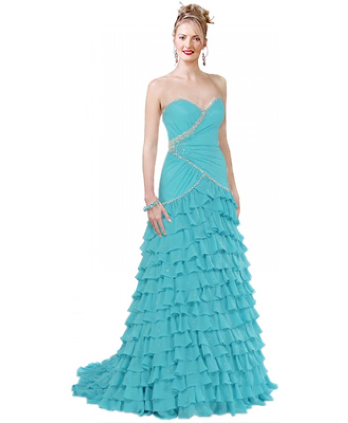 Chiffon Strapless Beaded Ruffled Skirt Gown