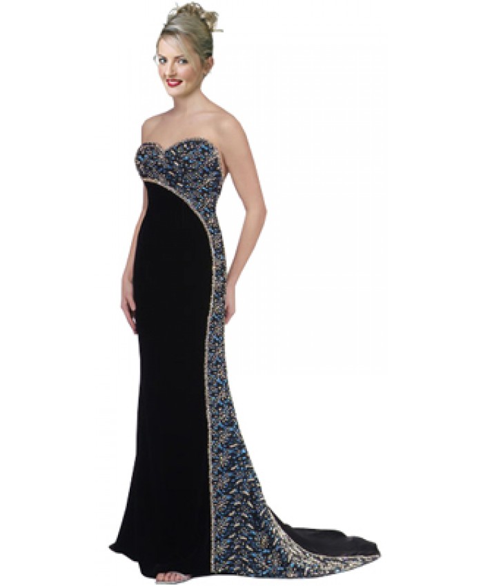 Velvet Side Panel Beaded Sweetheart Neck Gown