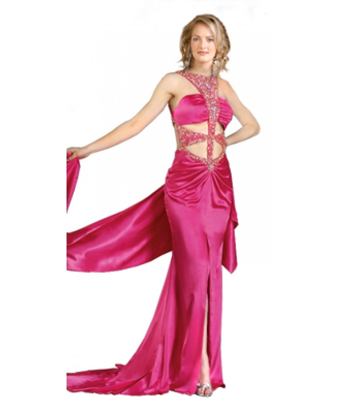 Ornamental Satin Draped Evening Gown