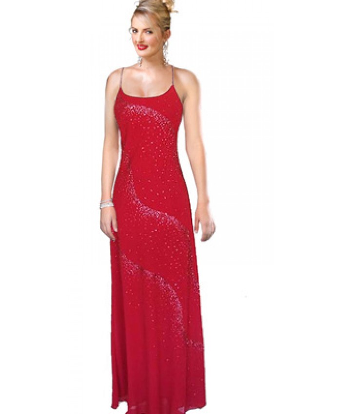 Red Speghetti Strape Swirling Beaded Accent Prom Gown