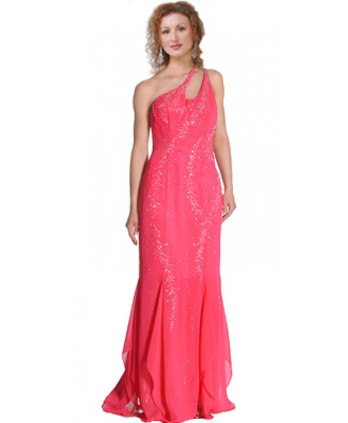 One Shoulder Double Strap Beaded Accent Prom Gown