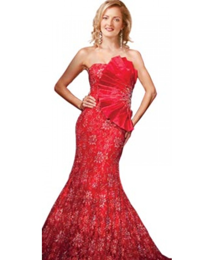 Strapless Embroidered Long Red Carpet Dress
